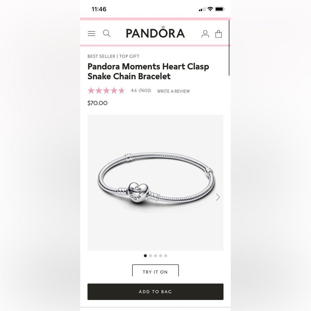 7.1 inch Pandora Moments Heart Clasp Snake Chain Bracelet